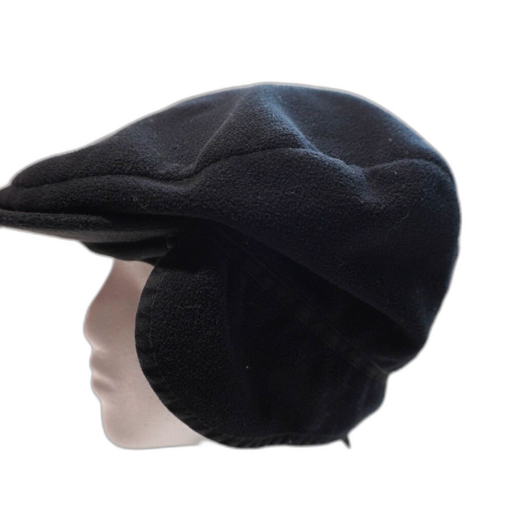 VTG Black Fleece Newsboy Hat w Ear Flaps Cabbie‎ Golf Cap Mens XL Portland OR